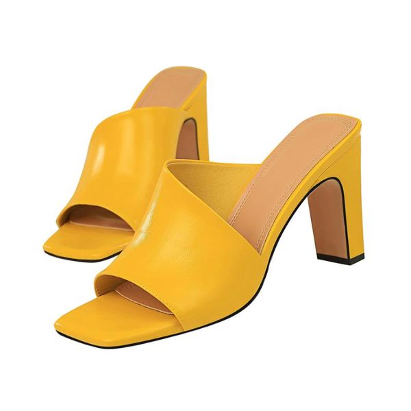 

women mules yellow slides female thick block heels silver slippers summer 8.5cm high luxury peep toe black shoes dress