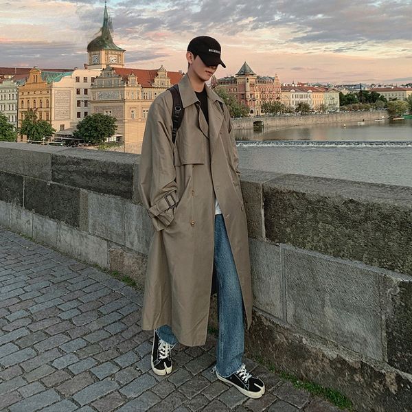 

2021 men's autumn new medium length versatile loose windbreaker youth pop clothes knee handsome korean fashion overcoat, Tan;black