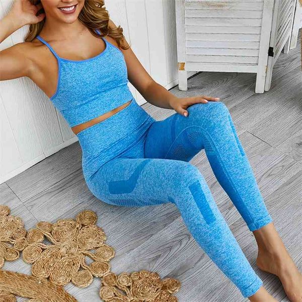 

seamless yoga set women gym clothes 2 piece fitness sport suit high waist leggings padded sports bra 210813, Gray