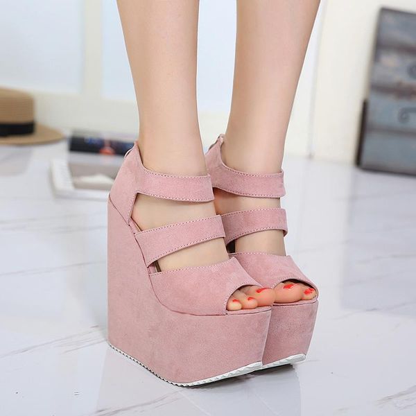 

sandals slope with super high heels 17cm waterproof platform increased ladies fish mouth summer simple pure color women's shoes., Black
