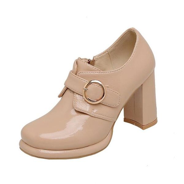 

2021 fall single shoes woman high heels square toe buckle thick heel british female patent leather pink apricot women pumps, Black