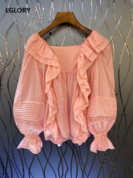 

100%cotton blouse shirt 2021 spring summer women square collar ruffle flowers deco long sleeve white 's blouses & shirts women's