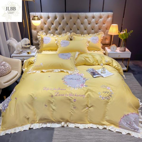 

bedding sets luxury yellow pink princess style flowers embroidery egyptian cotton set ruffle duvet cover flat/fitted sheet pillowcase