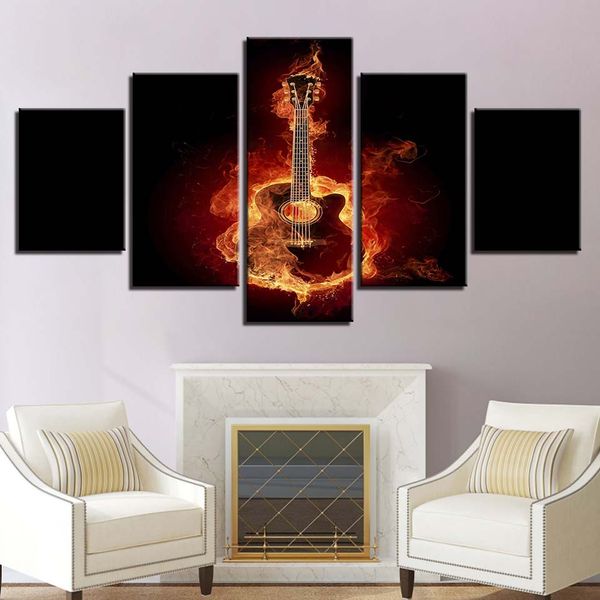 

5 pieces hd print canvas paintings fire guitar wall art posters for living room musical instrument home decor pictures(no frame)