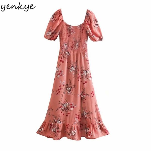 

elegant women hem slits floral print dress female square neck puff sleeve midi a-line party summer robe femme 210514, Black;gray