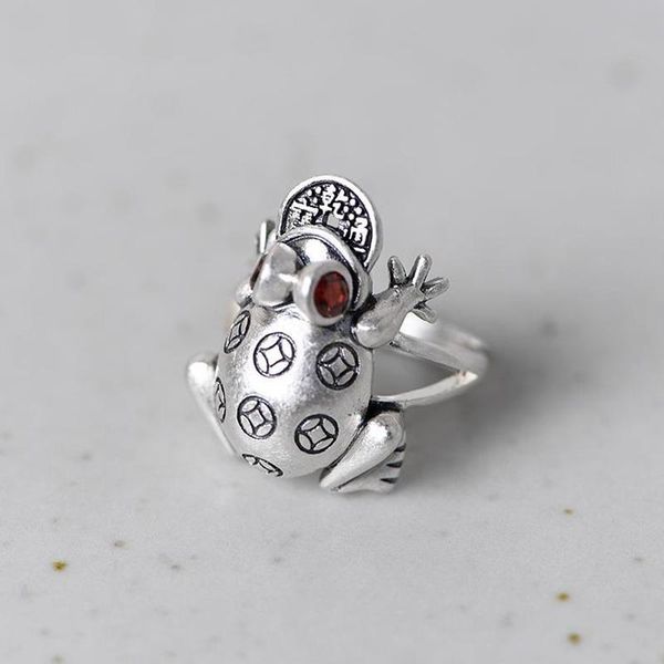 

cluster rings original designer lucky toad frog opening ring ingot pattern craft chinese retro light luxury charm women's silver jewelr, Golden;silver