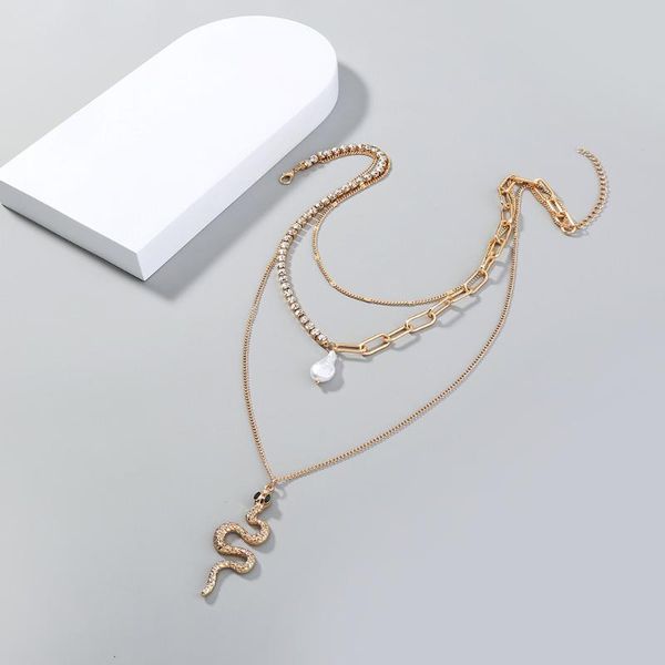 

chains retro multilayer snake pendant necklace for women trendy gold color imitation pearl thick chain necklaces jewelry, Silver