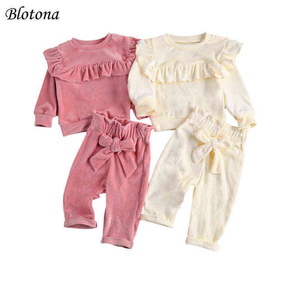 

blotona autumn winter baby girls clothes set solid color velvet ruffles long sleeve pullover bowknot pants 2pcs 0-12months y220310, White