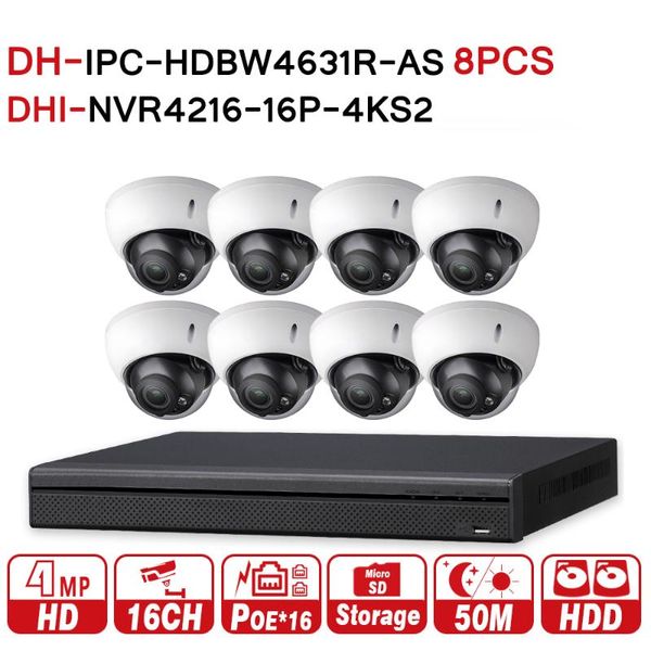 

security cctv system 8pcs 6mp ip camera ipc-hdbw4631r-as & 16poe 4k nvr nvr4216-16p-4ks2 surveillance systems