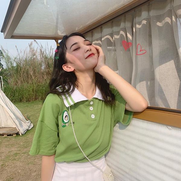 

women's t-shirt 2021 summer fashion trend loose bf women tee korean avocado embroidery college style lapel shirt solid color buttons t, White