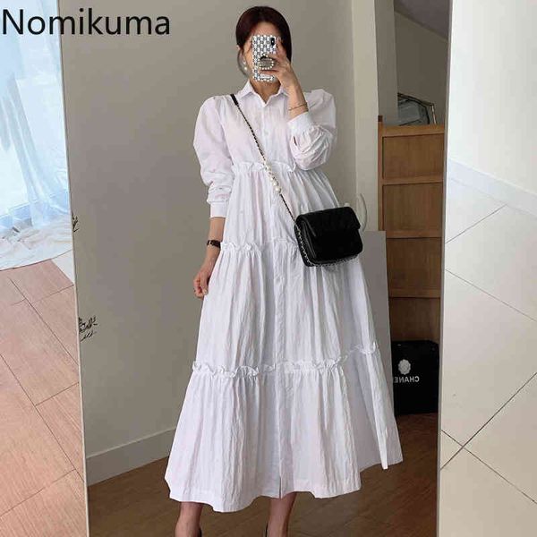 

nomikuma korean causal ruffle women dress puff long sleeve turn-down collar dresses autumn a-line buttons vestidos 6c333 210427, Black;gray