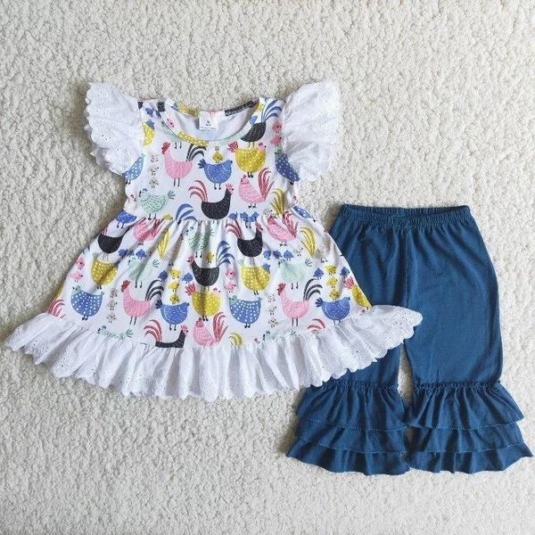 

clothing sets wholesale baby girl boutique set white lace chicken short sleeve shirt blue ruffle capri children clothes kid fashionable outf