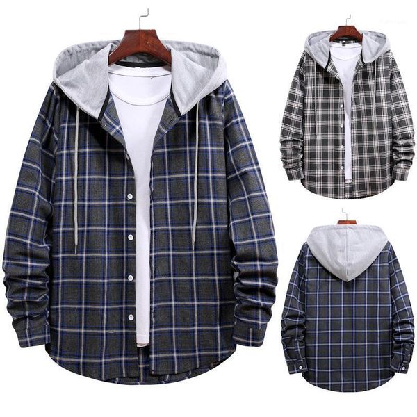 

men's casual shirts hooded plaid shirt couple long sleeve contrast cardigan single-breasted loose jacket, White;black