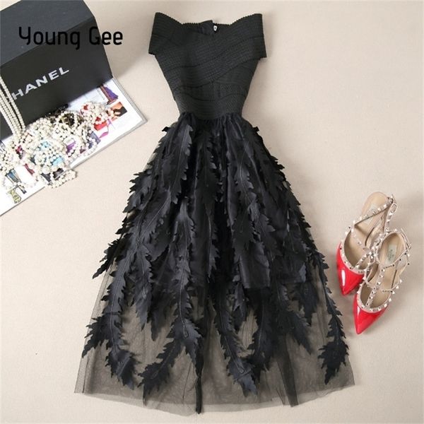 

young gee women lace bandage patchwork stretch elegant dress vintage floral fit&flare dresses gown formal party dresses vestido 210319, Black;gray
