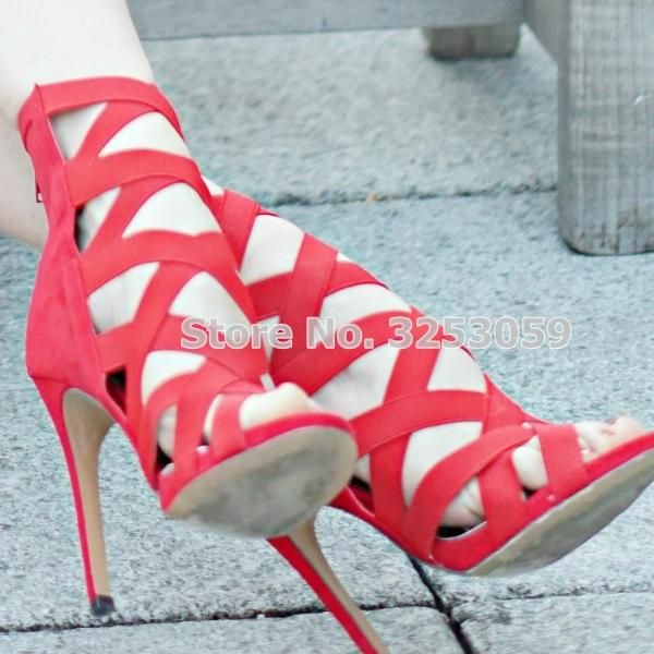 

amazing ankle booties elastic band cage sandals patchwork stretchy cross strappy sandal boots cut-outs high heel shoe, Black