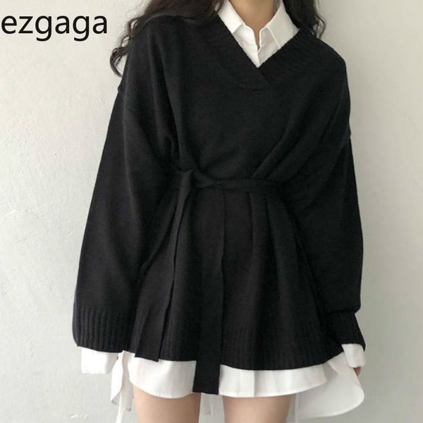 Ezgaga inverno chique solta v-pescoço de vc vestido de camisola + colarinho de giro longos camisas brancas harajuku moda elegante roupas 210430