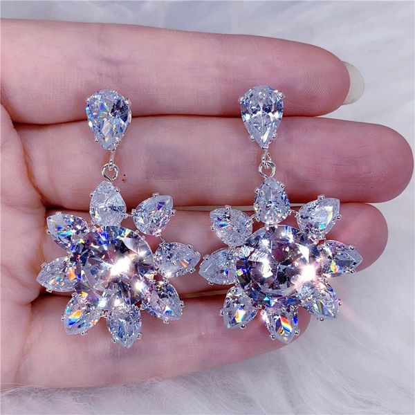 

exquisite sweet charming little flower zircon pendant fashion elegant temperament crystal jewelry women's earrings dangle & chandelier, Silver