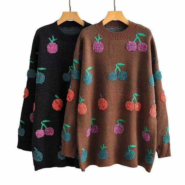 

women's sweaters sweater women pullovers jumper 2021 autumn winter two-color vintage cherry knitted pullover long loose womens, White;black