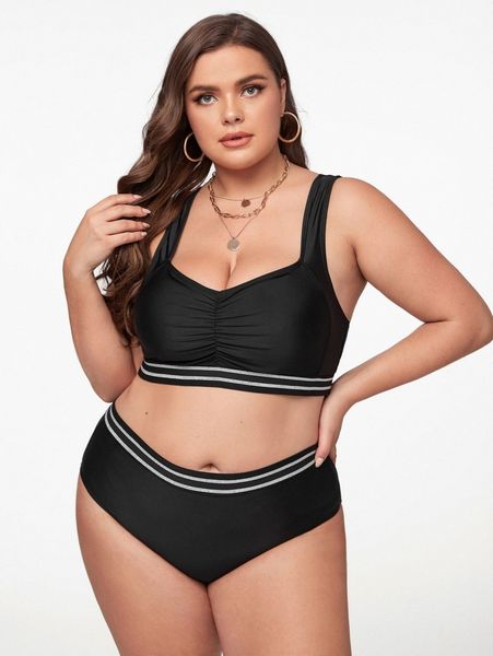 

plus striped trim ruched bikini swimsuit p3fs#, Black