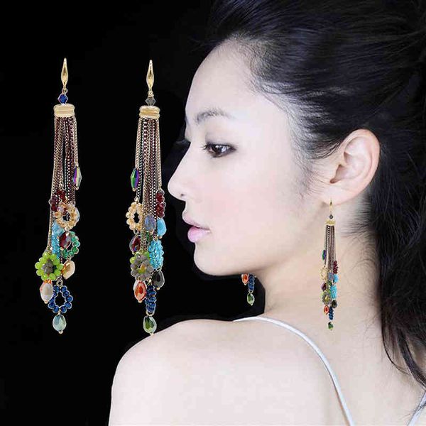 

elegant crystal beaded long drop tassel earrings blue red colorful boheme handmade chain statement women fashion boho jewelry, Silver