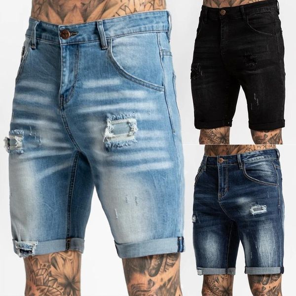 

men's jeans mens summer autumn vintage solid ripped pocket denim shorts casual high waist slim straight pants skinny men, Blue