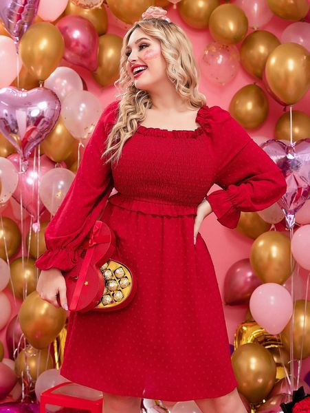 

plus flounce sleeve frill trim square neck shirred dress 31z7#, Black