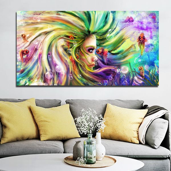 Pintura de lona colorida fotos de sereia para sala de estar na parede da parede tela impressa linda menina decoração arte sem moldura