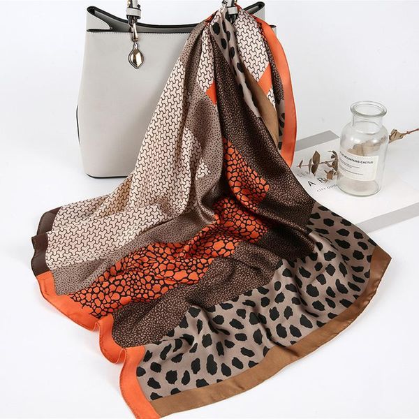 

patchwork leopard grain printing silk scarf fashion women bandana beach sunscreen shawl wrap for 70x70cm scarves, Blue;gray