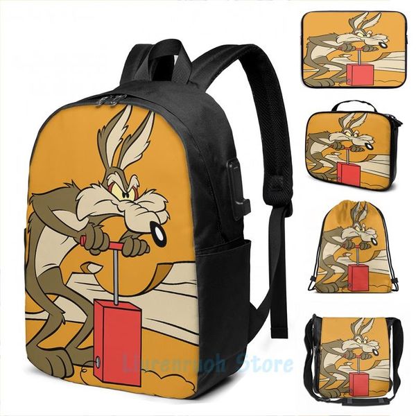 

backpack funny graphic print wile e coyote acme products 11 2 usb charge men school bags women bag travel laptop
