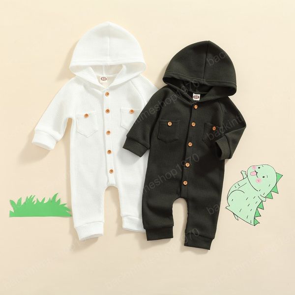 

autumn spring newborn baby girls boys waffle hooded jumpsuit toddler infant casual solid color long sleeve romper with pockets, Blue