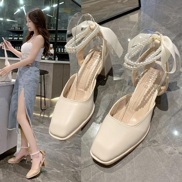 

sandals closed toe bow shoes strappy heels cross-shoes 2021 women's suit female beige lace up high block pearl comfort fashi, Black