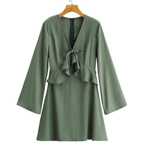 

casual dresses 2021 women dress v-neck ruffles bow tie mini fashion long sleeve elegant solid vestidos mujer, Black;gray