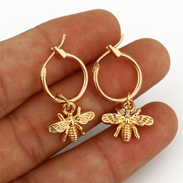 

hoop & huggie 1 pair chic gold small bee pendant earrings for women circle round insect earring jewelry, Golden;silver