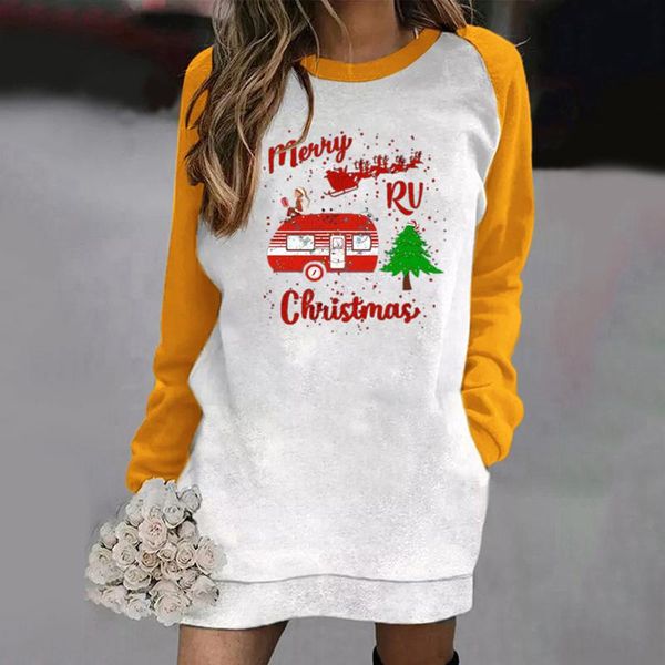 

casual dresses 2022 printing pocket sweatshirt dress long sleeve o neck loose pullover hoodie oversize christmas party, Black;gray