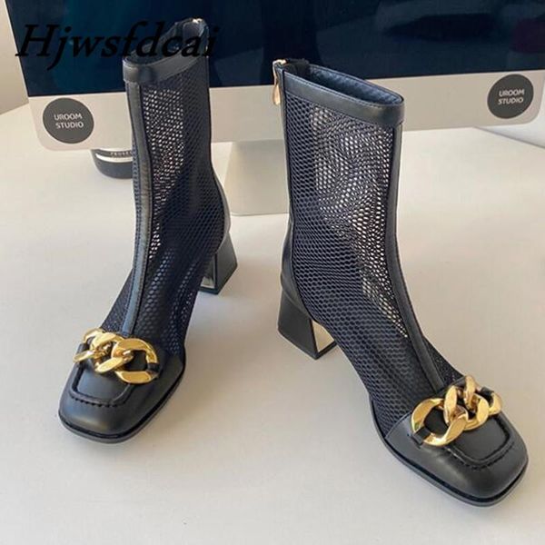 

boots hjwsfdcai fashion women's lady thick heel short mesh square toe metal decoration zip mid-calf solid high heels, Black