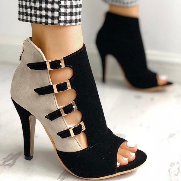 

dress shoes akexiya women spring high heels office zipper 10cm hollow out sandals poop toe buckle strap fashion party wedding, Black