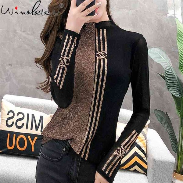 

fashion shiny diamonds t-shirt women color block turtleneck long sleeve tshirt casual autumn fall clothing for women t07626b 210322, White