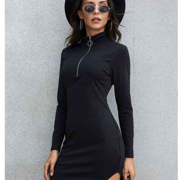 

two piece dress european and american fashion women's wear black high collar long sleeve zipper tight mini short c5og, White