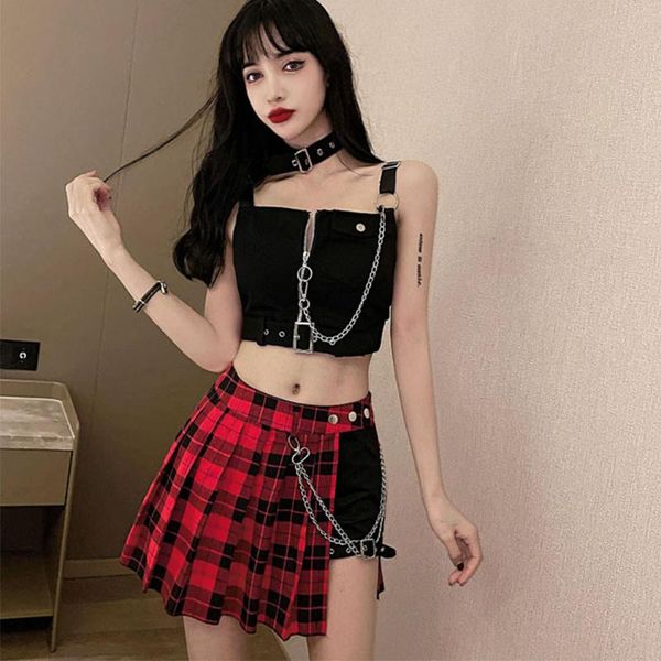 

gothic skirt spring summer fashion casual hipster designer creative simple chain lattice splicing high waist irregular skirts, Black