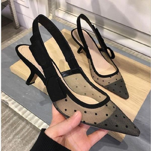 

sandals low woman leather high heels 2021 summer female shoe low-heeled high-heeled girls fashion bow cat pointed comfort, Black