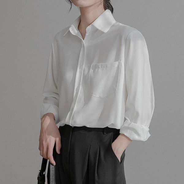 

women's blouses & shirts ol style white for women turn-down collar pockets blouse elegant workwear female blusas femme autumn