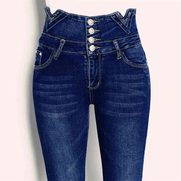 Bahar kadınlar için yüksek belli sıska kot pantolon artı boyutu dört göğüslü ince elastik casual denim kalem pantolon pantolon 210514