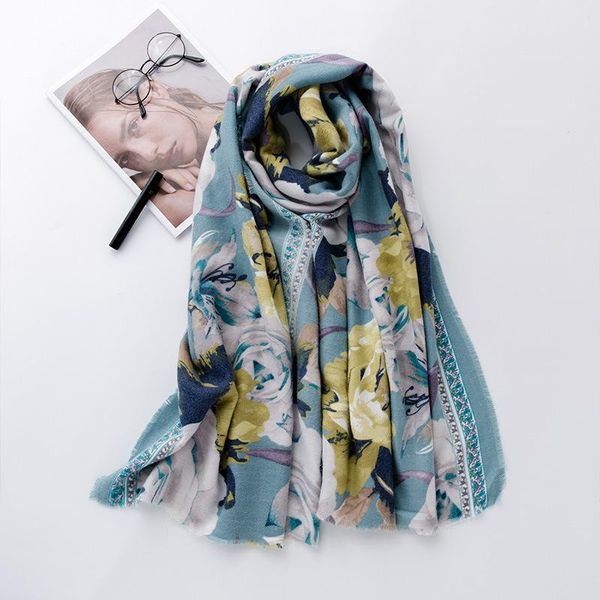 

scarves scarf female 2021 autumn and winter polyester blended printing korean temperament long thick warm shawl, Blue;gray