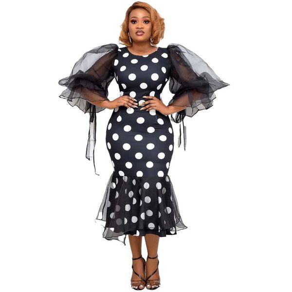 

african large size high waist polka dot print midi package hip party women dress bodycon elegant office ladies work wear casual dresses, Black;gray