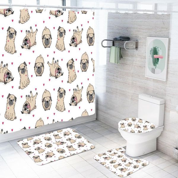 

shower curtains 3/4 pieces cartoon animals sets christmas gift luxury bathroom 3d print pug dogs kits white