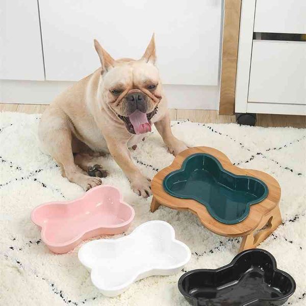 Cerámica Pet Dog Cat Water Eating Bowl para perros pequeños y grandes Puppy Cat Bebedero para mascotas Suministros para mascotas Forma de hueso con soporte de madera Y200922