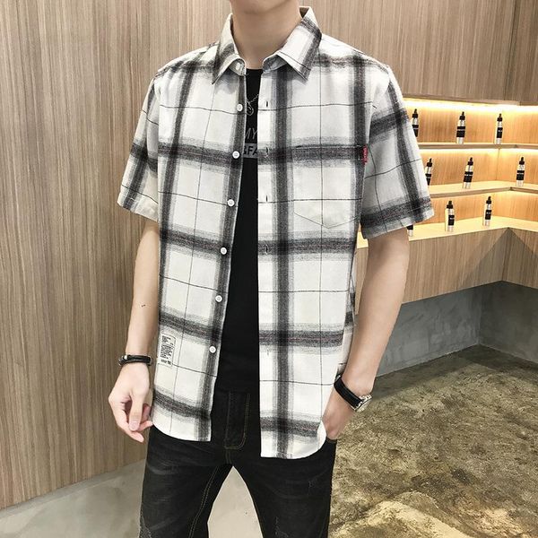 

men's dress shirts 2021 summer short sleeve shirt youth fashion slim cardigan plaid lapel half, White;black