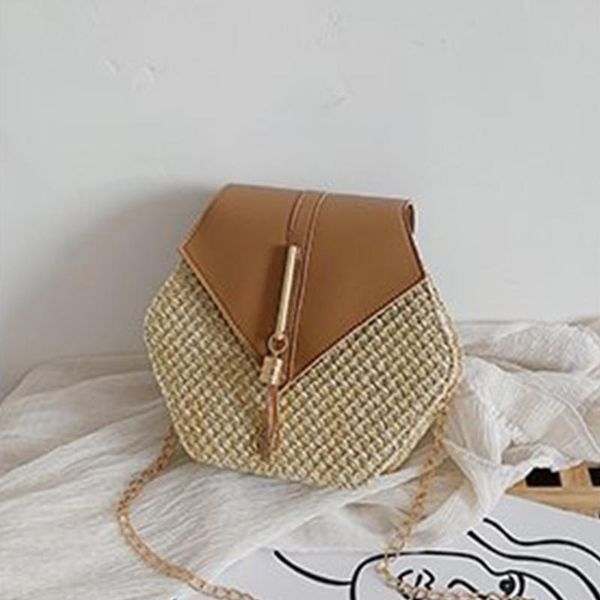 

duffel bags hexagon mulit style straw+leather handbag women summer rattan bag handmade woven beach circle bohemia shoulder
