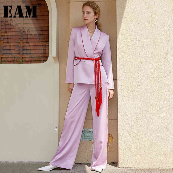 

[eam] wide leg pants bandage two piece suit v-collar long sleeve black loose fit women fashion spring autumn 1dd8055 21512, White