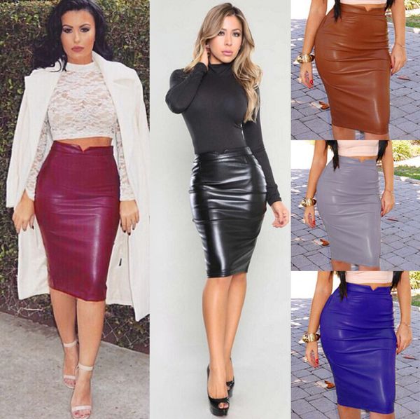 

winter autumn women plus size pu pencil skirts womens with high waist office leather skirt, Black